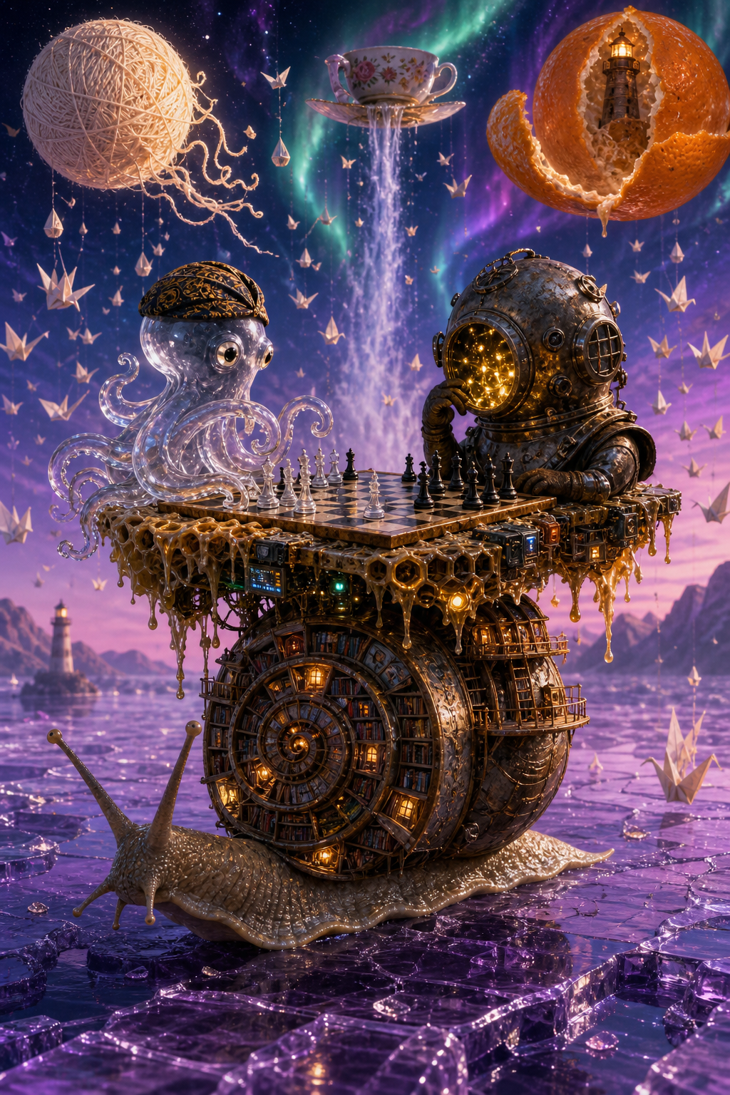 A surreal AI-generated scene: a glass octopus wearing a Javanese blangkon plays chess against a Victorian diving helmet full of fireflies, atop a giant snail with a library shell, under a yarn moon and a peeled-orange moon.